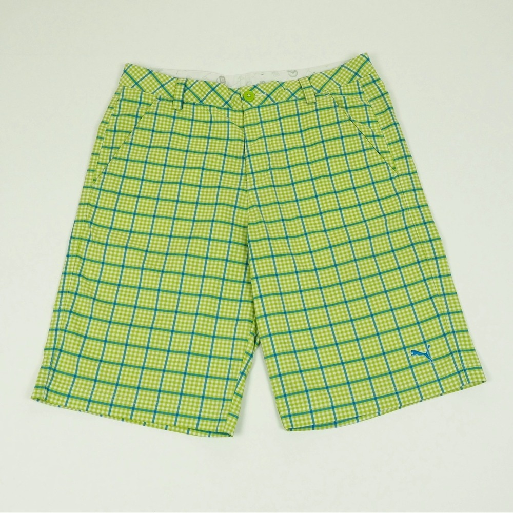 Puma Golf Shorts Mens 32 Green Plaid DryCell Flat Performance Stretch Tech Blend